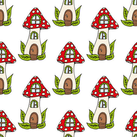 Seamless pattern with mushroom house 2 on white background. Vector image.のイラスト素材