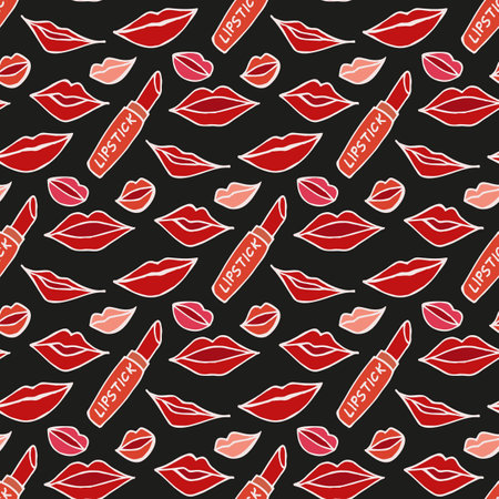 Seamless pattern with lipstick and different women's lips on black background. Vector image.のイラスト素材