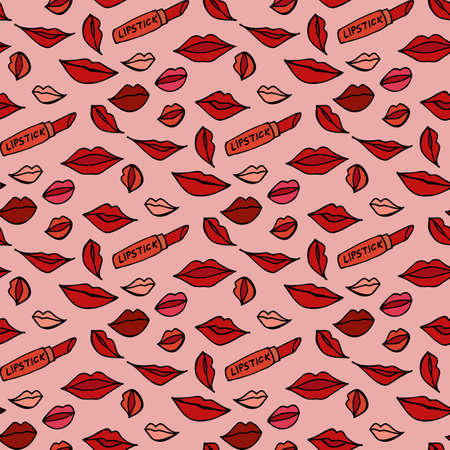 Seamless pattern with creative lipstick and different women's lips on pink background. Vector image.のイラスト素材
