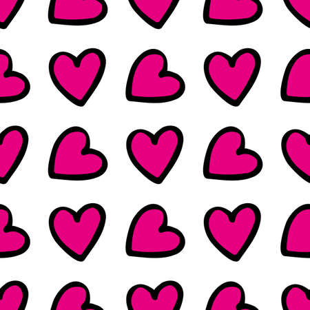 Seamless pattern with bright pink hearts on white background. Vector image.