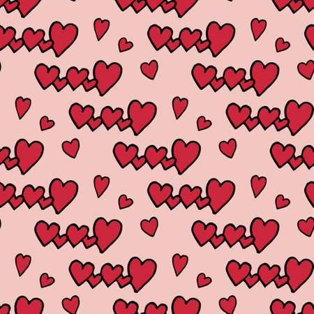 Seamless pattern with red hearts on warm pink background. Vector image.