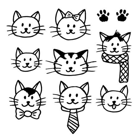 Set with black and white cats on white background. Vector image.のイラスト素材