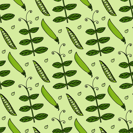 Seamless pattern with awesome green peas on light green background. Vector image.のイラスト素材