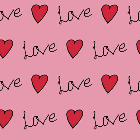 Seamless pattern with text Love and red hearts on pink background. vector image.