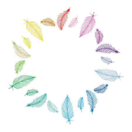 Round frame with rainbow feathers on white background. vector image.のイラスト素材