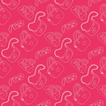 Seamless pattern with different pink bags on bright pink background. vector image.のイラスト素材