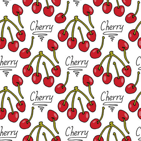 Seamless pattern with cherry and text on white background. vector image.のイラスト素材