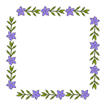 Square frame with violet periwinkle on white background. Spring flowers. Doodle style. Vector image.のイラスト素材