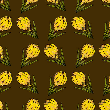 Seamless pattern with beautiful yellow crocus on brown background. Spring flowers. Doodle style. Vector image.のイラスト素材