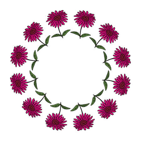 Round frame with pink echinacea on white background. Vector image.のイラスト素材