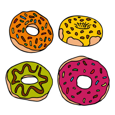 Set with different donuts on white background. Vector image.のイラスト素材