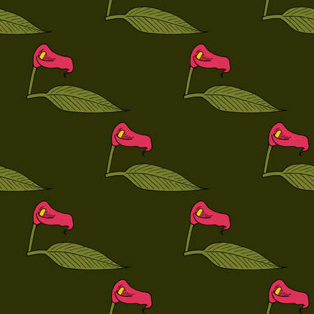 Seamless pattern with pink calla flowers on dark green background. Doodle style. vector image.のイラスト素材
