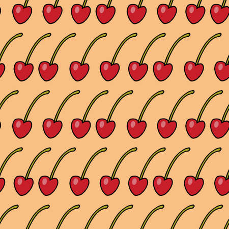 Seamless pattern with beautiful cherry on light orange background. vector image.