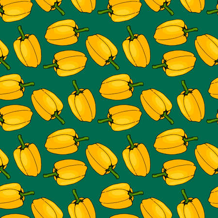 Seamless pattern with yellow peppers on dark green background. vector image.のイラスト素材