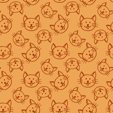 Seamless pattern with brown cats on light orange background. vector image.のイラスト素材