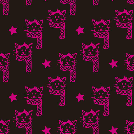 Seamless pattern with bright pink cats on dark background. vector image.のイラスト素材