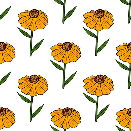 Seamless pattern with cute yellow flowers on white background. vector image. Doodle style.のイラスト素材