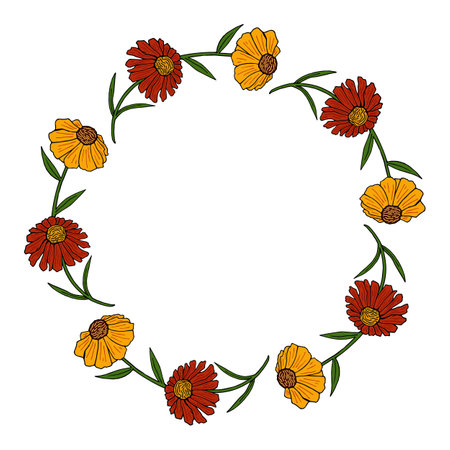 Round frame with cute red and yellow flowers on white background. vector image. Doodle style.のイラスト素材