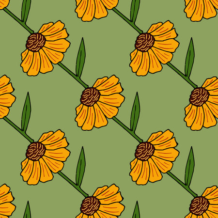 Seamless pattern with cute yellow flowers on green background. vector image. Doodle style.のイラスト素材