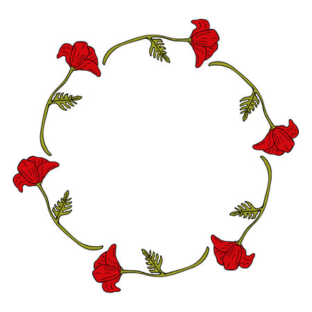 Round frame with red poppies on white background. vector image. Doodle style.のイラスト素材