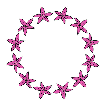 Round frame with cozy pentas lanceolata on white background. vector image. Doodle style.のイラスト素材