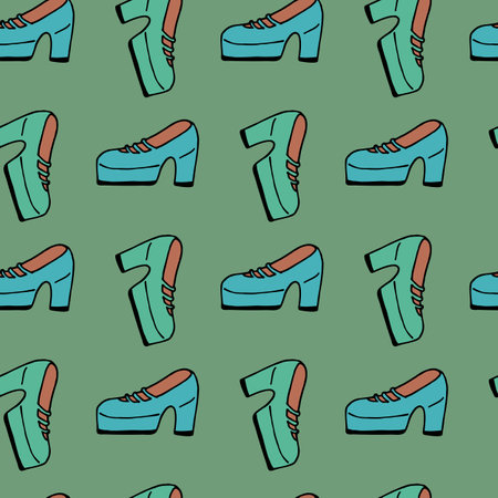 Seamless pattern with blue and green shoes on green background. vector image.のイラスト素材