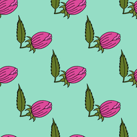 Seamless pattern with pink flowers and leaves on light green background. vector image.のイラスト素材
