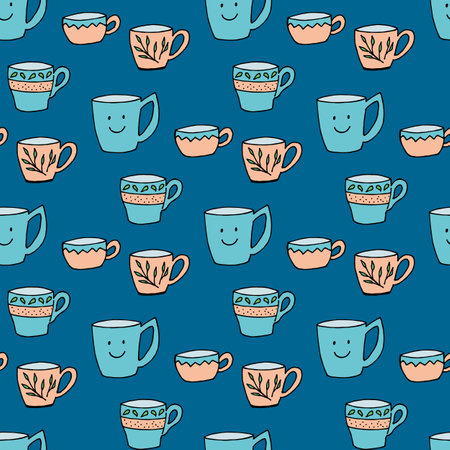 Seamless pattern with simple cups on dark blue background. vector image. Doodle style.のイラスト素材