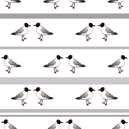 Seamless pattern with creative lake gull on a white background. cute bird. vector image.のイラスト素材