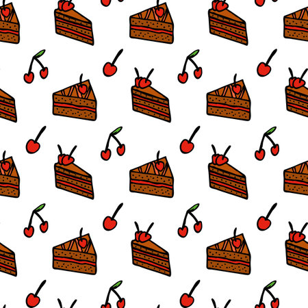 Seamless pattern with tasty small cakes with cherry on white background. vector image.のイラスト素材