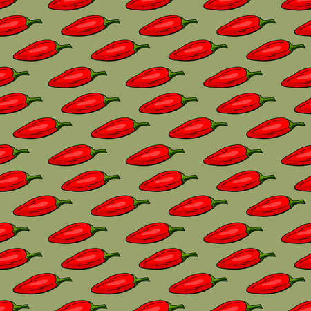 Seamless pattern with red hot peppers on discreet green background. Vector image.のイラスト素材
