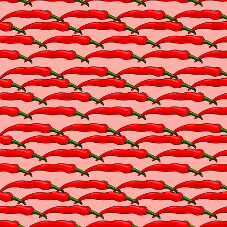 Seamless pattern with red hot peppers on warm pink background. Vector image.のイラスト素材
