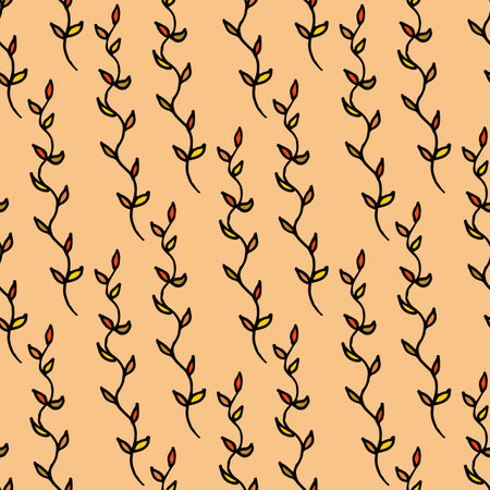 Seamless pattern with branches with orange and yellow leaves on orange background. Vector image.のイラスト素材