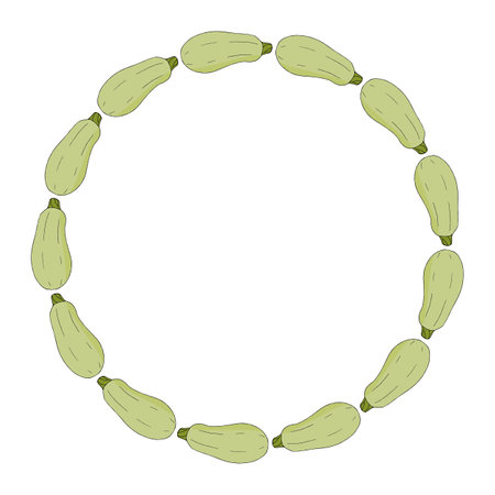 Round frame with green zucchini on white background. Vector image.のイラスト素材