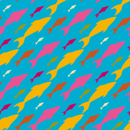 Seamless pattern in cute silhouettes of fish and starfish on light blue background. Vector image.のイラスト素材