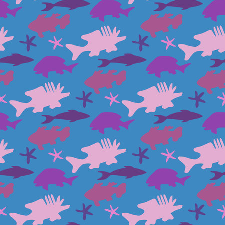 Seamless pattern in cute silhouettes of fish and starfish on blue background. Vector image.のイラスト素材