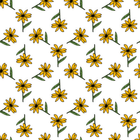Seamless pattern with creative yellow flowers on white background. A vector image.のイラスト素材