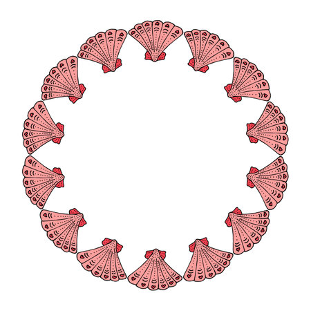 Round frame with pink seashells on a white background. A vector image.のイラスト素材