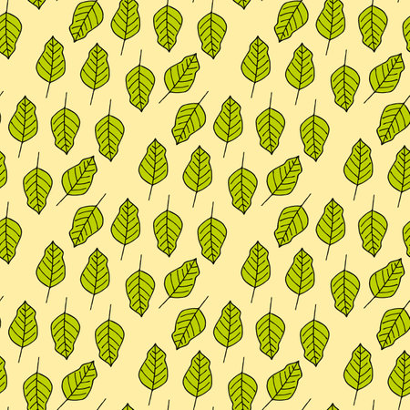 Seamless pattern in wondrous bright green leaves on yellow background. Vector image.