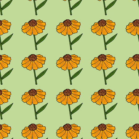 Seamless pattern with fantastic yellow flowers on light green background. Vector image.のイラスト素材