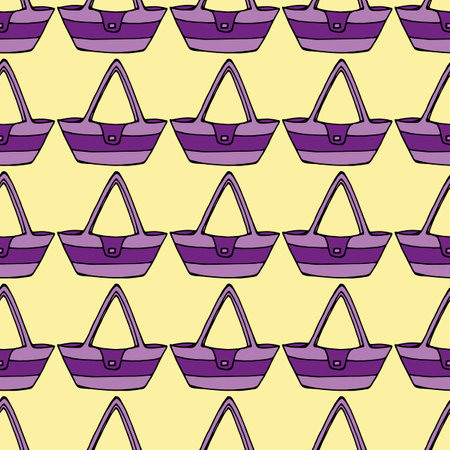 Seamless pattern with purple handbags on light yellow background. Vector image.のイラスト素材