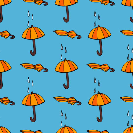Seamless pattern with orange umbrellas on blue background. Vector image.のイラスト素材