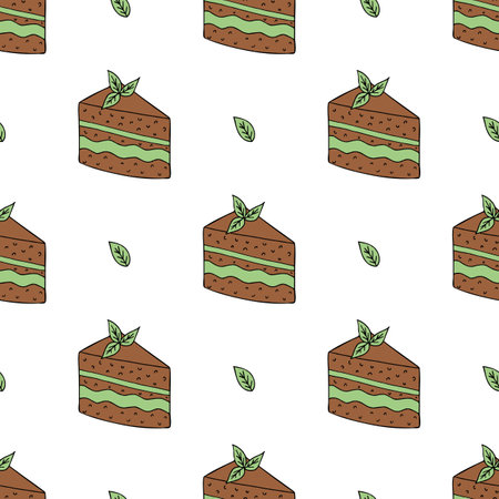 Seamless pattern with mint cake and leaf. A vector image.のイラスト素材