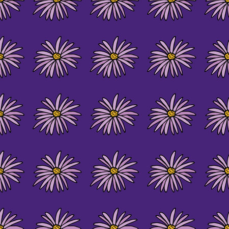 Seamless pattern with unique aster flowers on violet background. Vector image.のイラスト素材