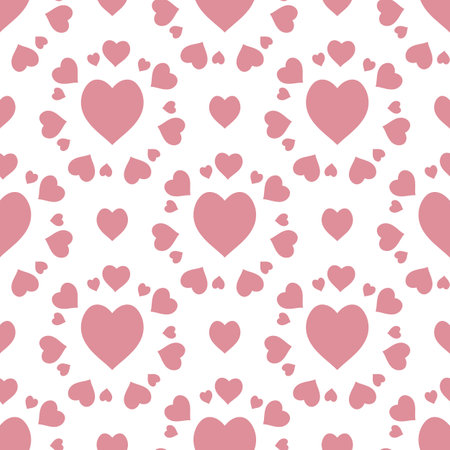 Seamless pattern with magic pink hearts on white background. Vector image.