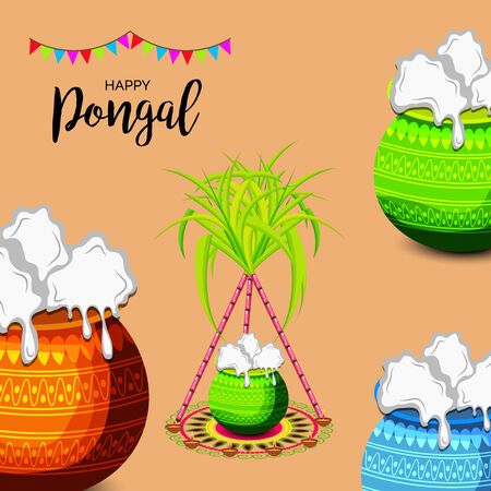 Vector illustration of a background or poster With colorful pots for religious traditional harvest festival Happy Pongal.のイラスト素材