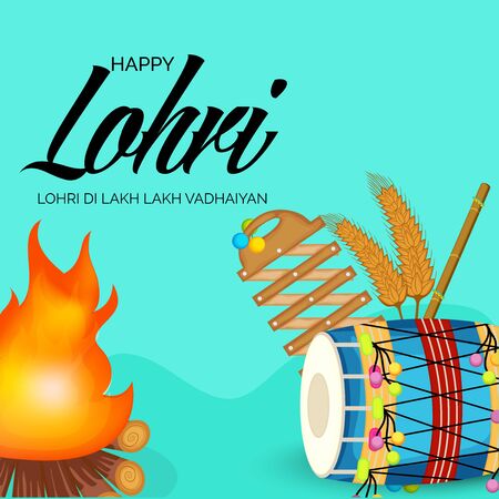 Vector illustration of a banner for Happy Lohri With Punjabi Message Lohri di lakh lakh vadhaiyan meaning Happy wishes for Happy Lohri.のイラスト素材