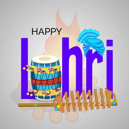 Vector illustration of a banner for Happy Lohri With Punjabi Message Lohri di lakh lakh vadhaiyan meaning Happy wishes for Happy Lohri.のイラスト素材