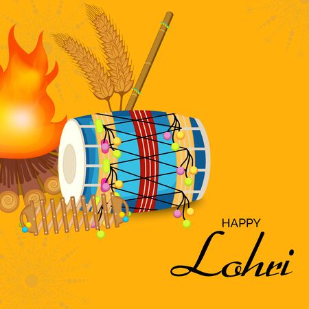 Vector illustration of a banner for Happy Lohri With Punjabi Message Lohri di lakh lakh vadhaiyan meaning Happy wishes for Happy Lohri.のイラスト素材