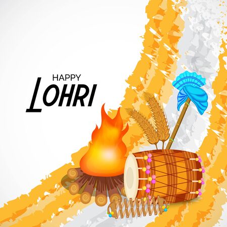 Vector illustration of a banner for Happy Lohri With Punjabi Message Lohri di lakh lakh vadhaiyan meaning Happy wishes for Happy Lohri.のイラスト素材